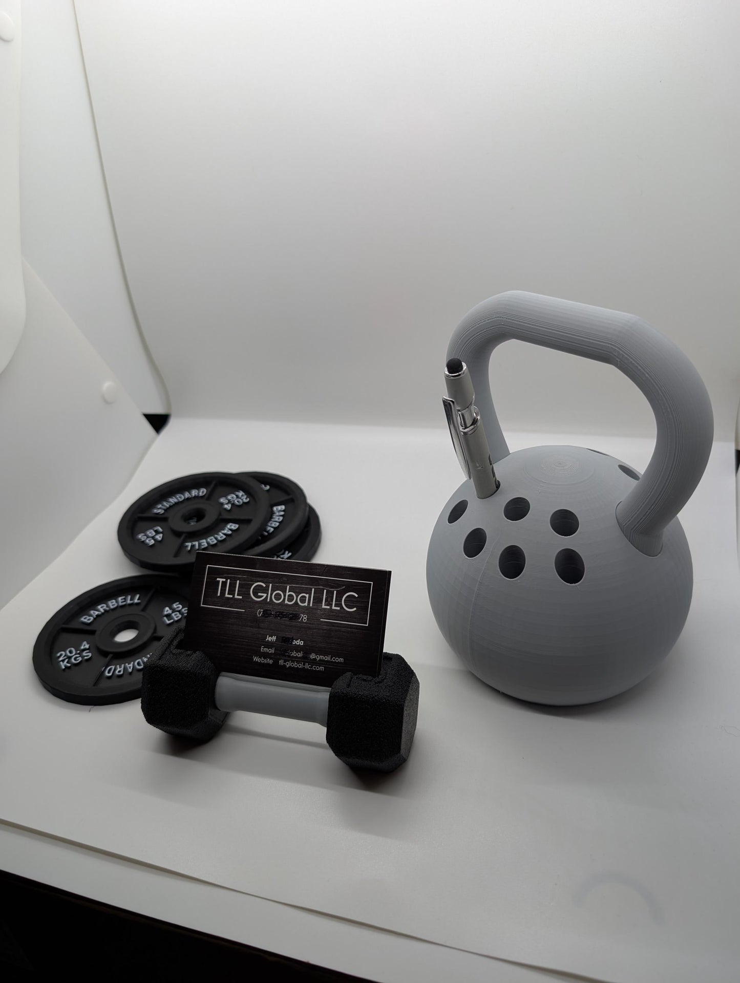 Gym Themed Desk Accessories – Dumbbell Business Card Holder, Kettlebell Pen Holder, and Barbell Coasters . Perfect for Gym office