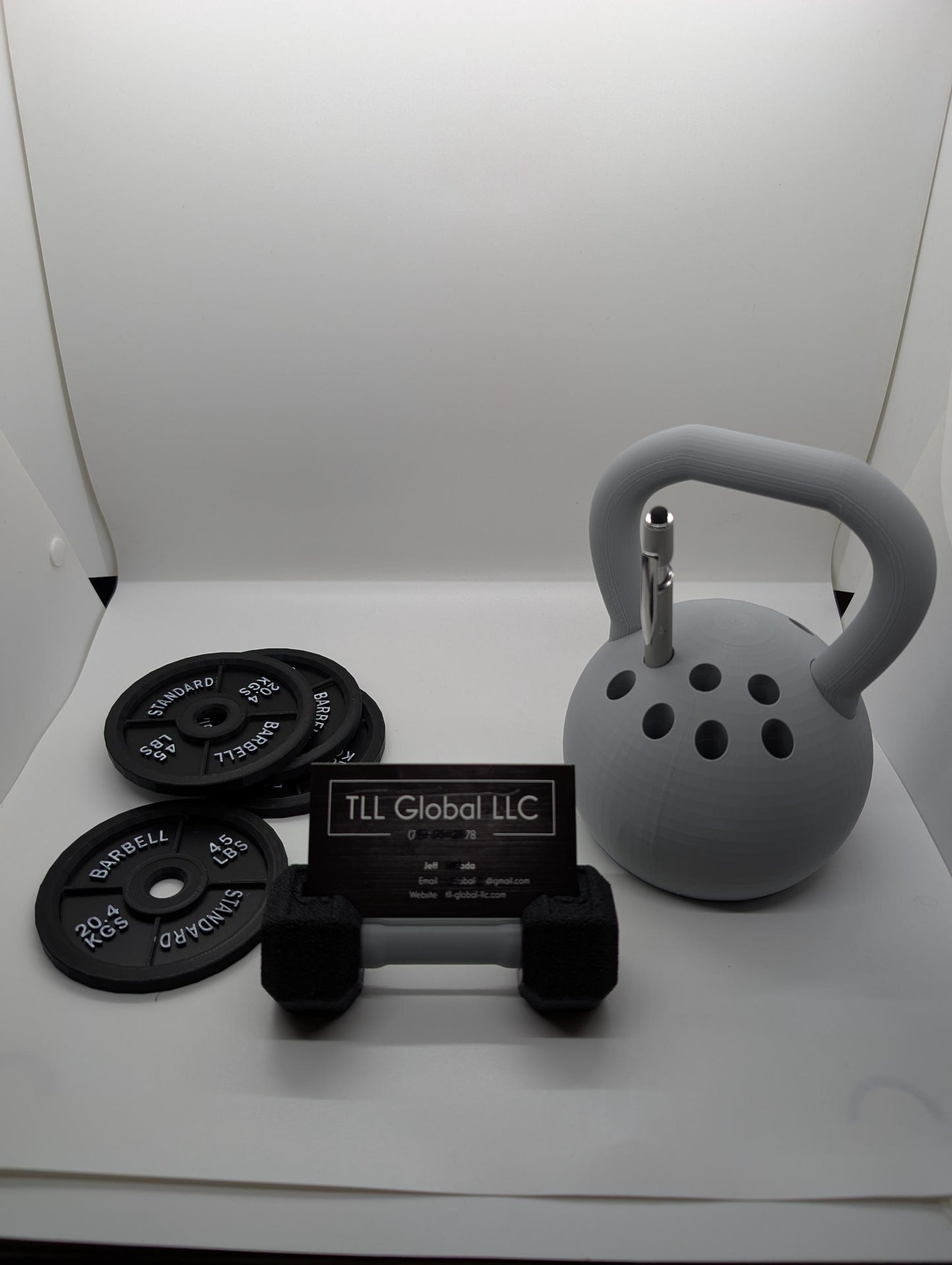 Gym Themed Desk Accessories – Dumbbell Business Card Holder, Kettlebell Pen Holder, and Barbell Coasters . Perfect for Gym office