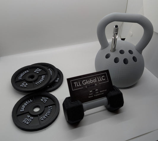 Gym Themed Desk Accessories – Dumbbell Business Card Holder, Kettlebell Pen Holder, and Barbell Coasters . Perfect for Gym office