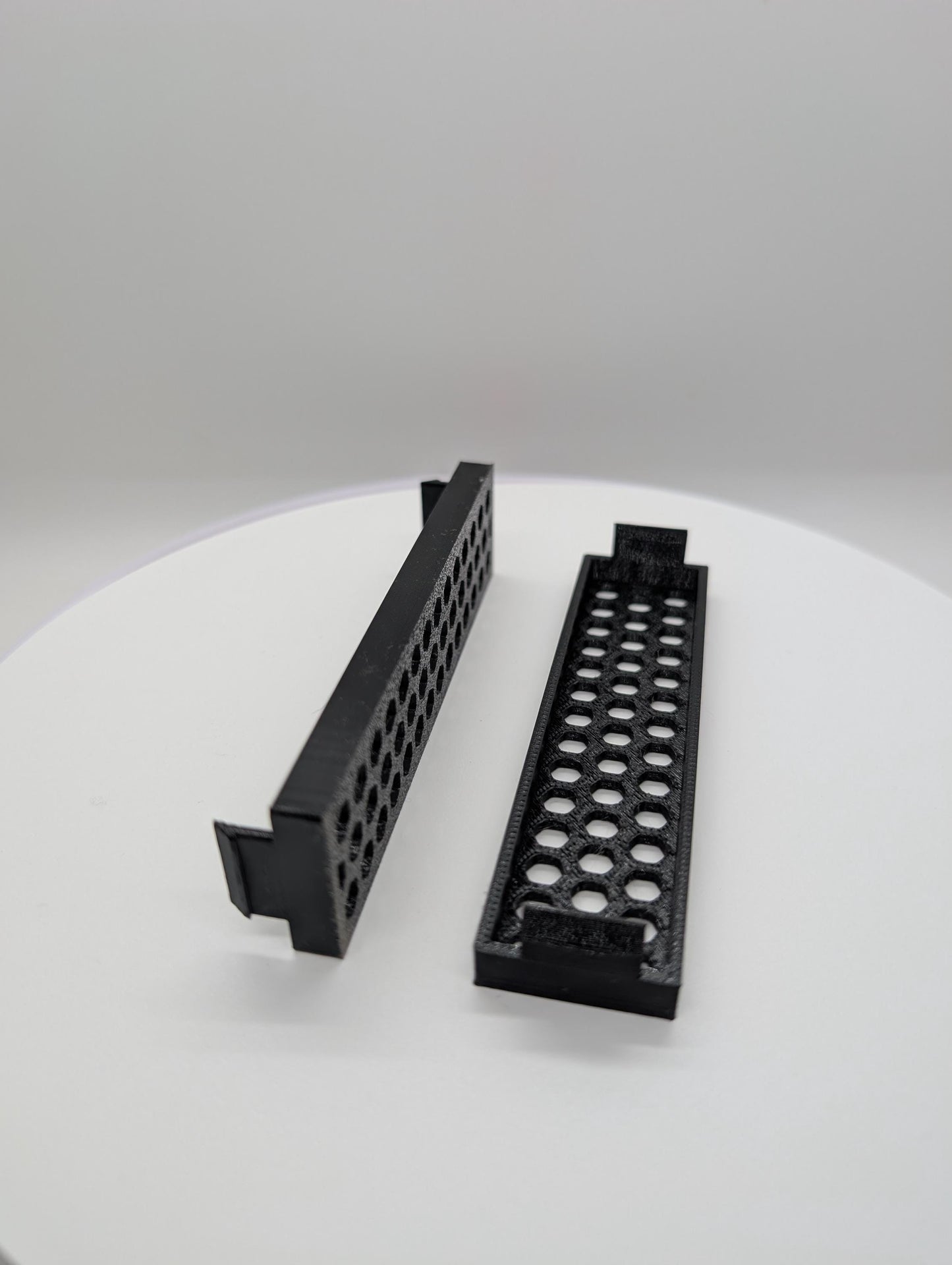 2x - 3.5 inch disk drive bay cover vented small hexagon holes. black replacement computer tower parts.